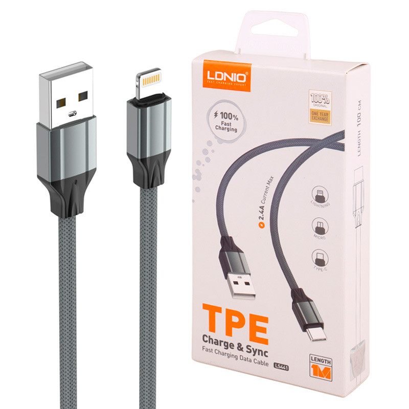 کابل لایتنینگ فست شارژ 2.4 آمپر الدینیو LS441 طول 1 متر